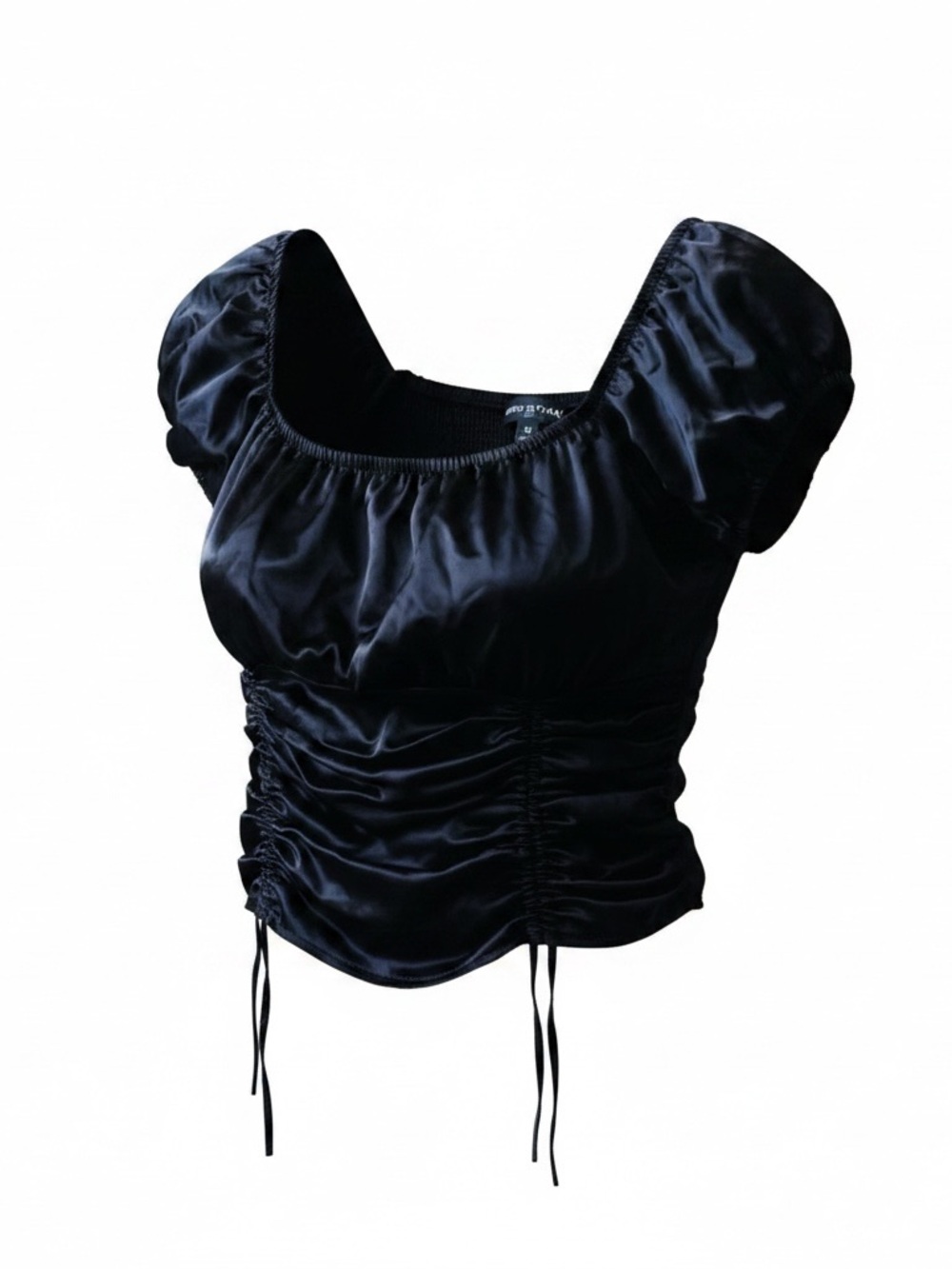 Almost Famous Ruched Adjustable Crop Top Size M Black Cap Sleeves Grunge Emo